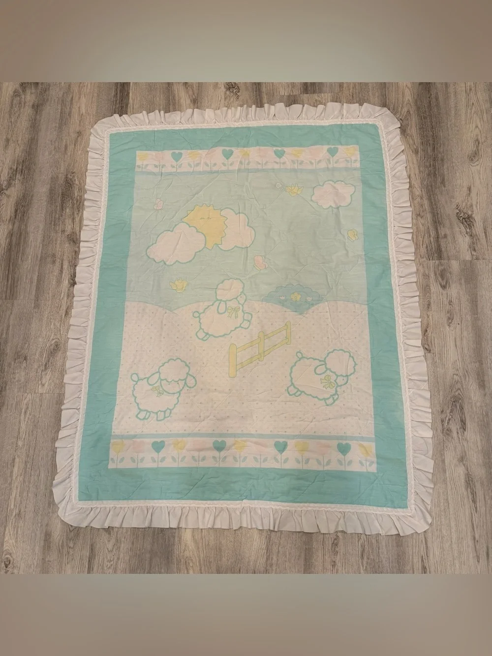 Vintage Lamb Baby Blanket Quilted Pastel Nursery Ruffle Trim 33” x 44”